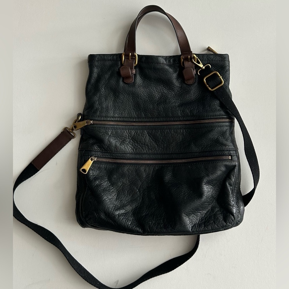 Fossil Black Leather Convertible Tote Crossbody Bag Large Work Travel Purse - Picture 6 of 11